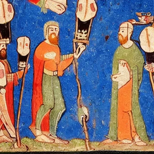 Prompt: a bunch of lads having some beers medieval scroll painting