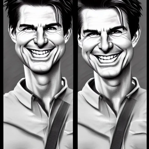 Prompt: caricature drawing of tom cruise smiling, exaggerated features, highly detailed, drawing by mahesh nambiar, sebastian kruger, archille superbi, carola rubio, artstation