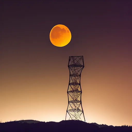 Image similar to Night photography of a misty mountain with a radio tower on top, and a yellow moon directly behind it. Lens compression