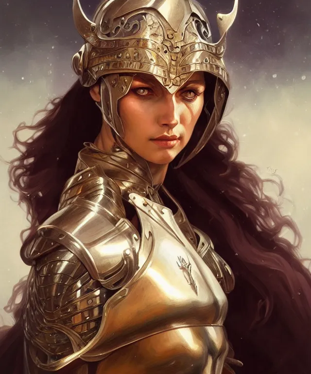 Image similar to Muscular and powerful medieval knight woman portrait, sci-fi, amber eyes, face, long hair, fantasy, intricate, elegant, highly detailed, digital painting, artstation, concept art, smooth, sharp focus, illustration, art by artgerm and greg rutkowski and alphonse mucha