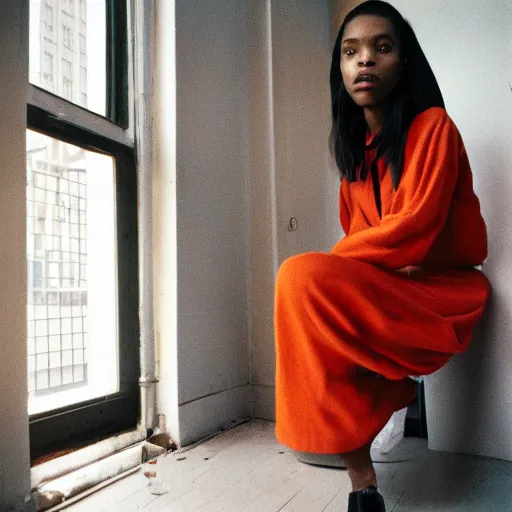 Image similar to realistic! photoshoot for a new vetements lookbook, color film photography, portrait of a beautiful woman, location in a apartment, in style of tyler mitchell, 35mm