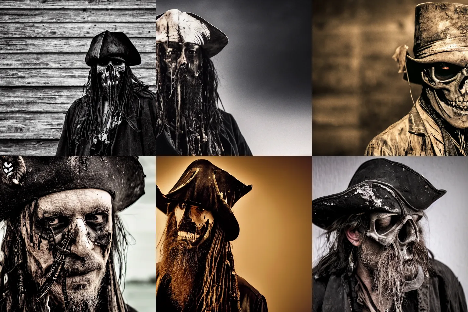 Prompt: scene of a dirty rugged old pirate lord wearing dirty old black hat, black coat and a worn and stained skull bone mask, long black beard and long black hair, dark scene with dim light, movie scene, depth of field