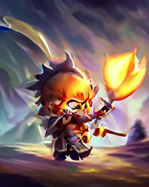 Image similar to oil painting of a cute chibi MapleStory warrior,, attacking, casting a spell with a spear, wearing a MapleStory warrior outfit, sharp focus, fantasy style, octane render, volumetric lighting, 8k high definition, by greg rutkowski, highly detailed, trending on artstation, magic the gathering artwork, Perion background from MapleStory, centered