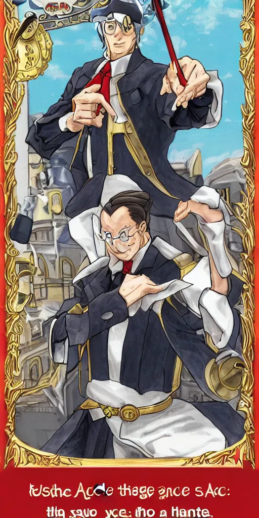 Image similar to the judge from Ace Attorney dressed as justice with a scale in one hand. Tarot card Justice