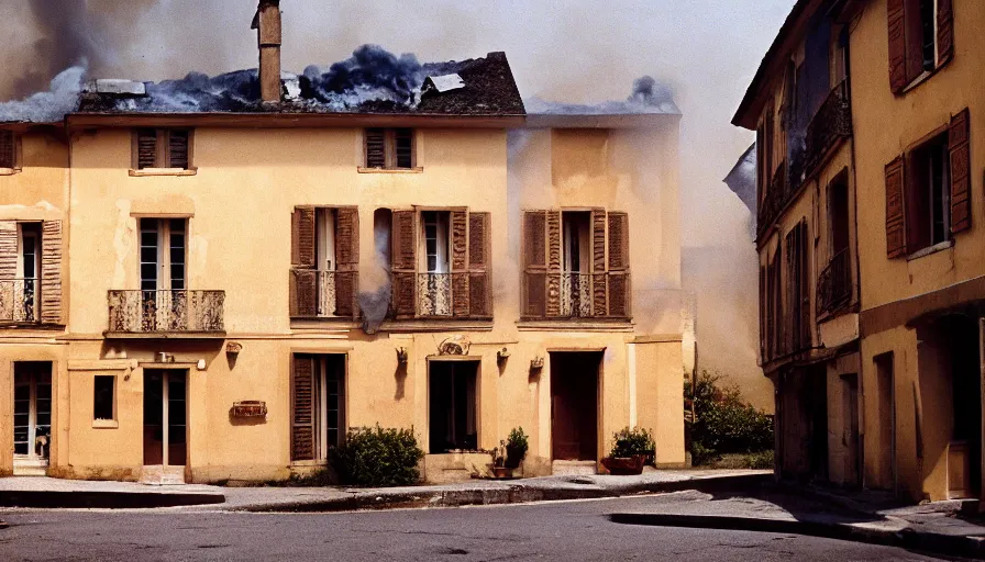 Image similar to 1 9 6 0 s movie still of a burning french style townhouse in a small french village, cinestill 8 0 0 t 3 5 mm, high quality, heavy grain, high detail, texture, dramatic light, ultra wide lens, panoramic anamorphic, hyperrealistic