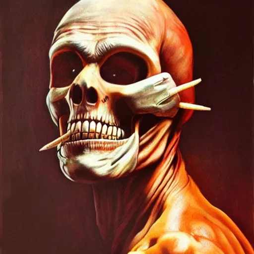 Image similar to ultra realistic portrait painting of skeletor as hannibal lecter, art by frank frazetta, 4 k, ultra realistic, highly detailed, epic lighting