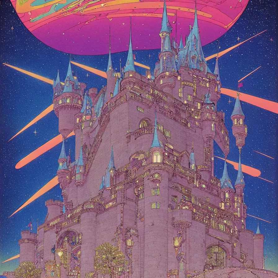 Image similar to ( ( ( ( shinning starry sky and a huge castle, with decorative frame design ) ) ) ) by mœbius!!!!!!!!!!!!!!!!!!!!!!!!!!!, overdetailed art, colorful, artistic record jacket design