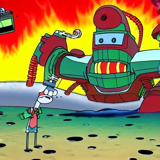 Prompt: plankton piloting a giant robot destroying the krusty krab, episode, detailed, 4 k, fire, awesome, favorite