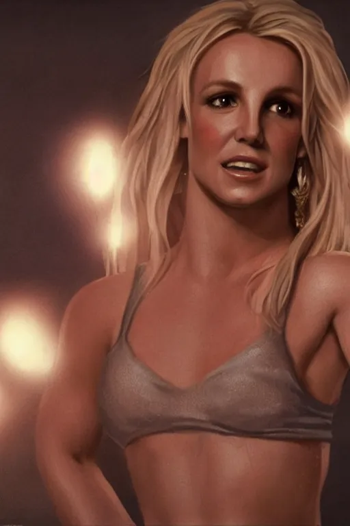 Image similar to A film still of Britney Spears as John Mcclane in die hard, highly detailed, digital painting, artstation, concept art, sharp focus, illustration, cinematic lighting, art by artgerm and greg rutkowski and alphonse mucha diffuse lighting, fantasy, intricate, elegant, highly detailed, lifelike, photorealistic, digital painting, artstation, illustration, concept art, smooth, sharp focus, art by John Collier and Albert Aublet and Krenz Cushart and Artem Demura and Alphonse Mucha