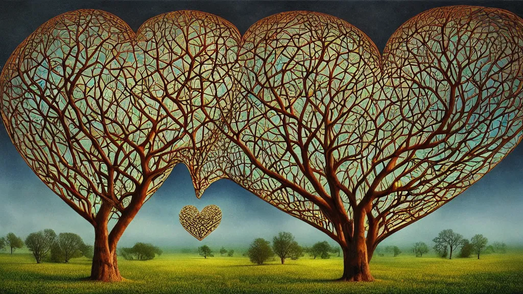 Prompt: surreal landscape, surrealism, fibonacci, heart shaped trees, symmetrical, esao andrews, victor enrich, dali