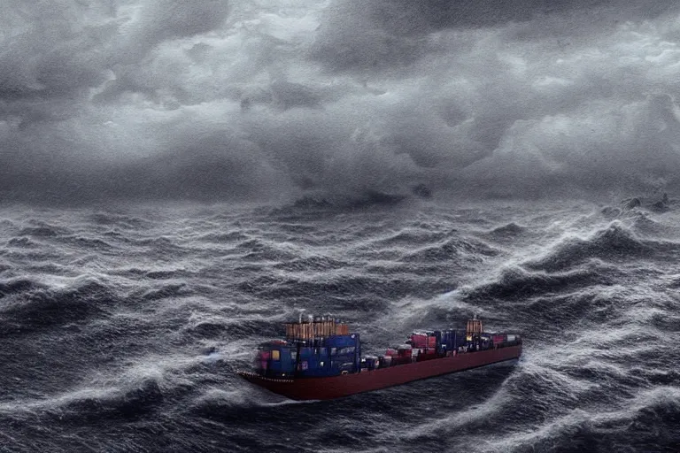 Image similar to merchant ship fleet in a storm, in the style of vernon grant and chris van allsburg, raging stormy sea, trending on artstation, bright tilt - shift camcorder effect, photoshop, retrowave, hyperrealism, octane, sharp focus, masterpiece