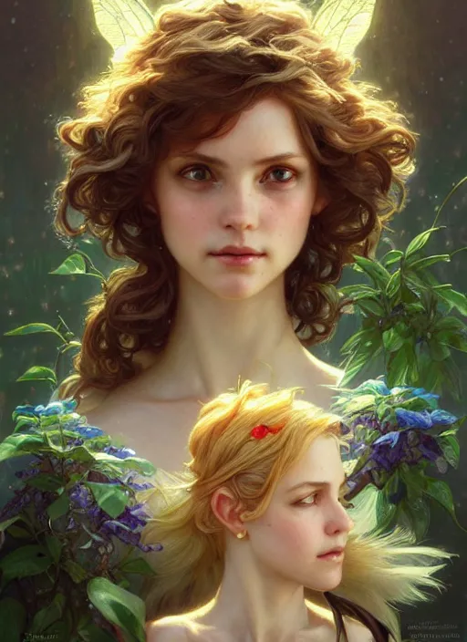 Image similar to portrait of pixie and fairy and sprite, intricate, headshot, soft face, highly detailed, digital painting, artstation, concept art, sharp focus, cinematic lighting, illustration, art by artgerm and greg rutkowski, alphonse mucha, cgsociety