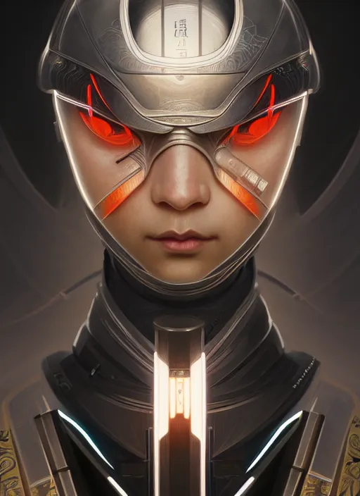 Prompt: symmetry!! portrait of futuristic samurai, sci - fi, tech wear, intricate, elegant, highly detailed, hyperrealistic, digital painting, artstation, cinematic lighting, concept art, smooth, sharp focus, illustration, art by artgerm and greg rutkowski and alphonse mucha, 8 k