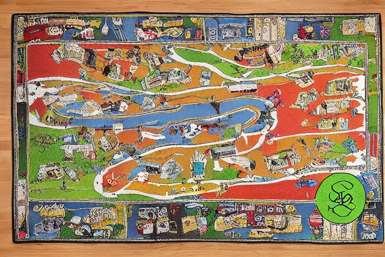 Image similar to an elaborate kids road map carpet rug, detailed, made of alcohol ink on parchment and penned illustrations, by wes anderson and geoff darrow!!!!!