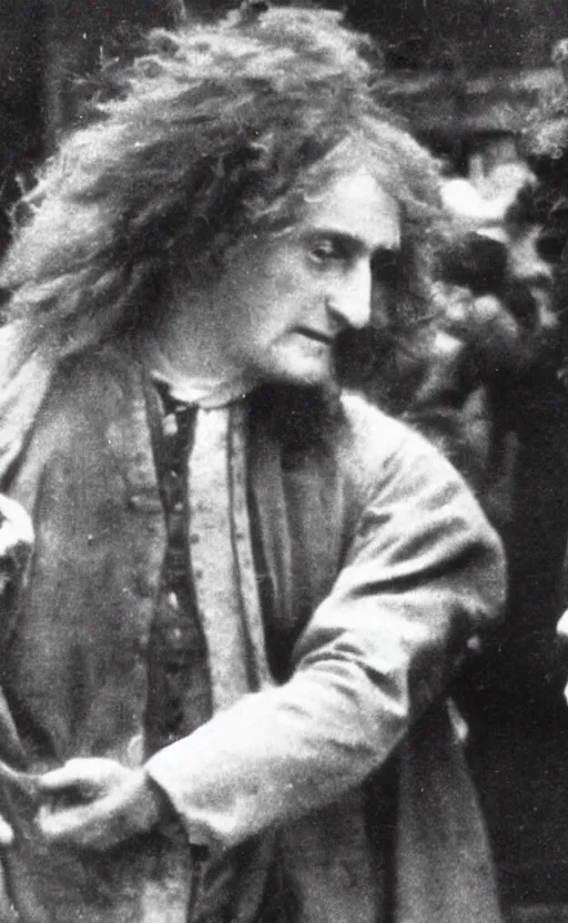 Prompt: a close - up old black and white photo, 1 9 1 3, depicting isaac newton wearing a big wig fighting gottfried leibnitz wearing a big wig in the streets of paris, rule of thirds, historical record