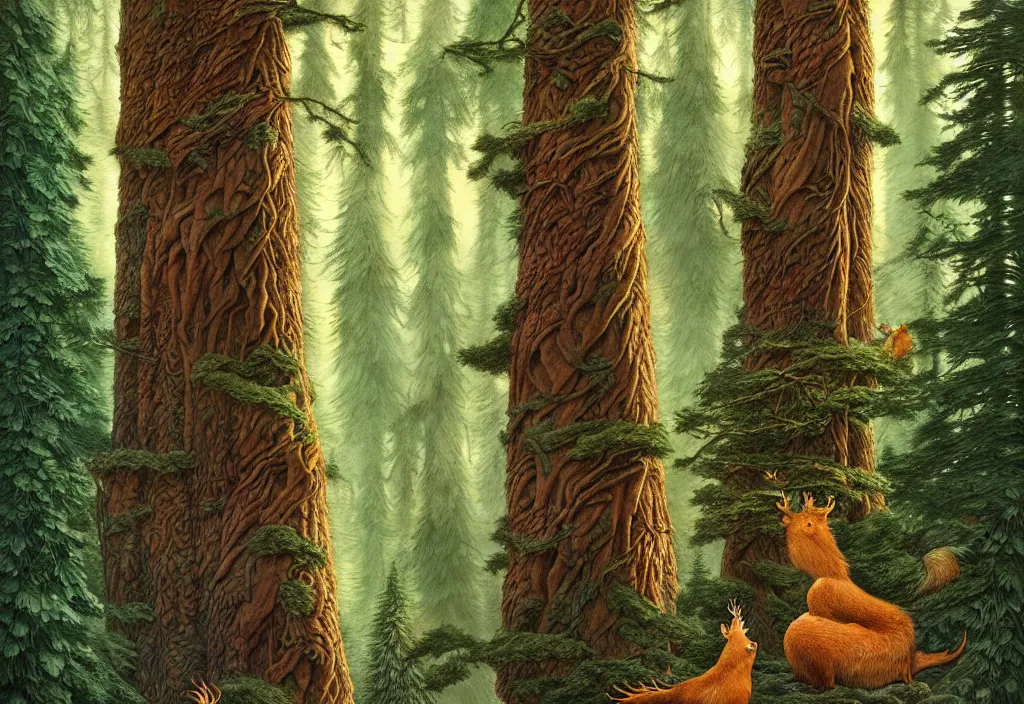 Prompt: bev doolittle hidden animals on the landscape image, bev doolittle high trees, enchanted forest ( hidden animals ) drawing elegant, highly detailed, digital painting, artstation, concept art, matte, sharp focus, illustration, hearthstone, art paolo gheri