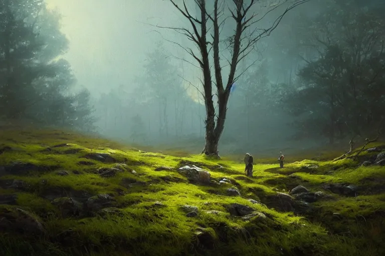 Image similar to beautiful oil painting of a rocky field with moss, a tree with blue leaves, glowing, gloomy, atmospheric lighting, detailed, by greg rutkowski, trending on artstation