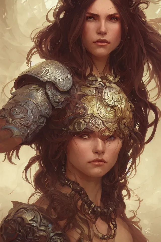 Image similar to female druid, muscular, fantasy, D&D, portrait, highly detailed, digital painting, artstation, concept art, sharp focus, illustration, art by artgerm and greg rutkowski and alphonse mucha