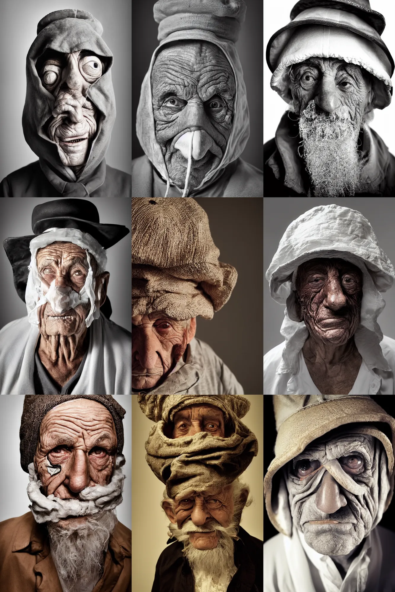 Prompt: high contrast studio close - up portrait of a wrinkled old man wearing a pulcinella mask, clear eyes looking into camera, baggy clothing and hat, backlit, dark mood, nikon, photo by martin schoeller, masterpiece