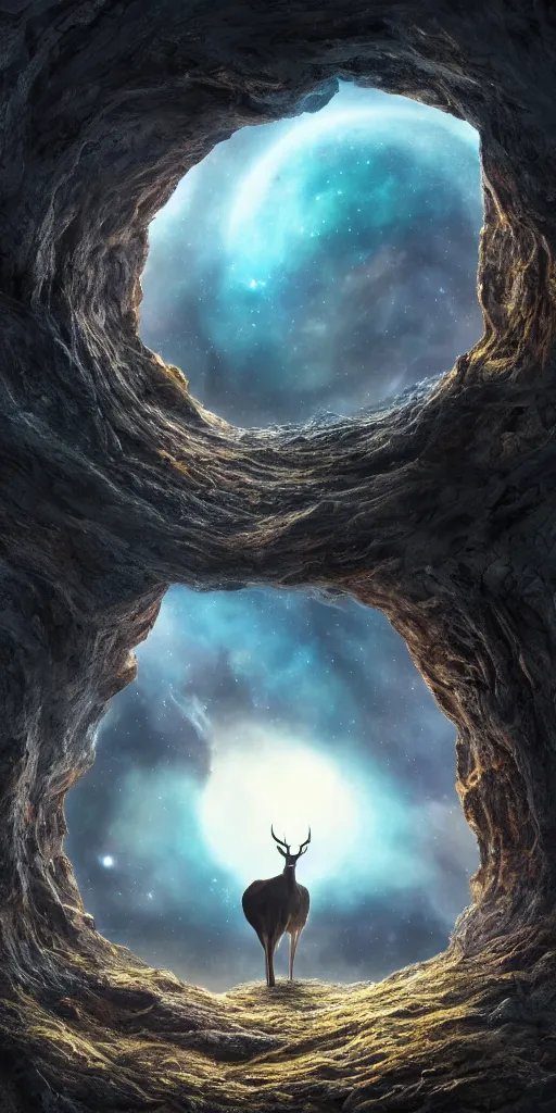 Image similar to an extreme long shot of a deer peering into a giant portal into the universe in the shape of a keyhole to the nebulae and galaxies, an eagle flying, beautiful matte painting by weta workshop 4 k, cinematic dramatic atmosphere, dramatic lighting, trending on artstation