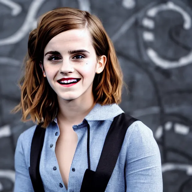 Image similar to Joyful!!! smiling Emma Watson wearing cyborg prosthetic. From Her (2013). Clear Hands. Clear body. Light Clothes. Hogwarts as Background. Cinematic. Professional Photo. UHD. 8k. Clear Face.