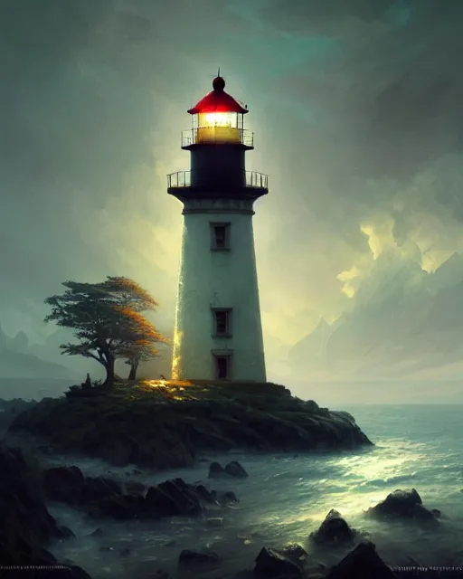 Image similar to a beautiful cinematic image of a lighthouse, fantasy forest landscape, fantasy magic, dark light night, intricate, elegant, sharp focus, illustration, highly detailed, digital painting, concept art, matte, art by wlop and artgerm and greg rutkowski and alphonse mucha, masterpiece