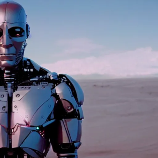 Image similar to movie still of cyborg looking at the sun, cinematic composition, cinematic light, criterion collection, by edgar wright