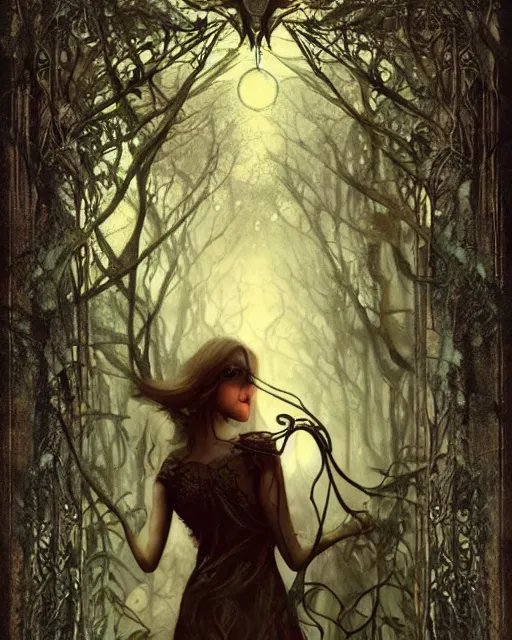 Image similar to tarot card, haunted woods, Art nouveau, by bastien deharme