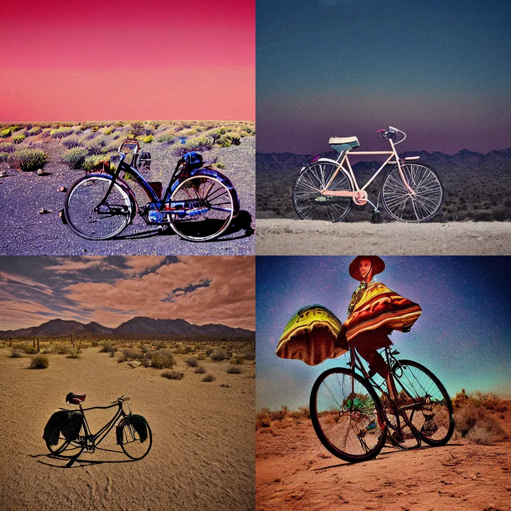 Prompt: a bicycle in the desert, dramatic psychedelic indie photography