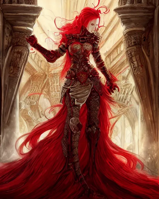 Prompt: redhead queen knight in heavy red armor, inside grand hall in castle with rococo aesthetic, crown of roses, scarred face, elden ring, intimidating, high fantasy, intricate detail, digital painting, artstation, concept art, smooth, sharp focus, illustration, art by yoshitaka amano and monia merlo and wlop and artgerm