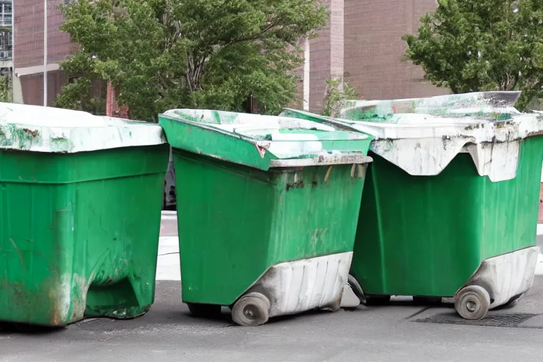 Image similar to two gigantic beat - up, and worn out green dumpsters against a totally white background