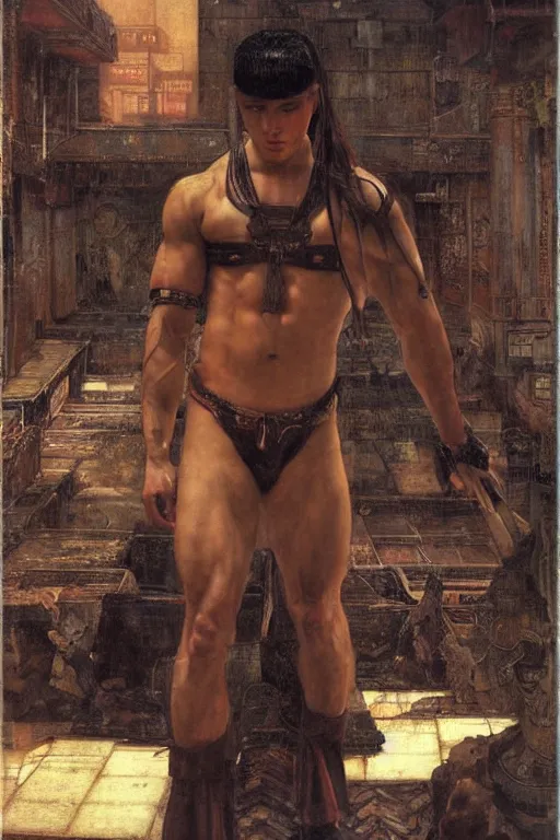 Image similar to cyberpunk ancient japanese city, orientalist intricate portrait of a muscular man by john william waterhouse and edwin longsden long and theodore ralli and nasreddine dinet, hyper realism, dramatic lighting