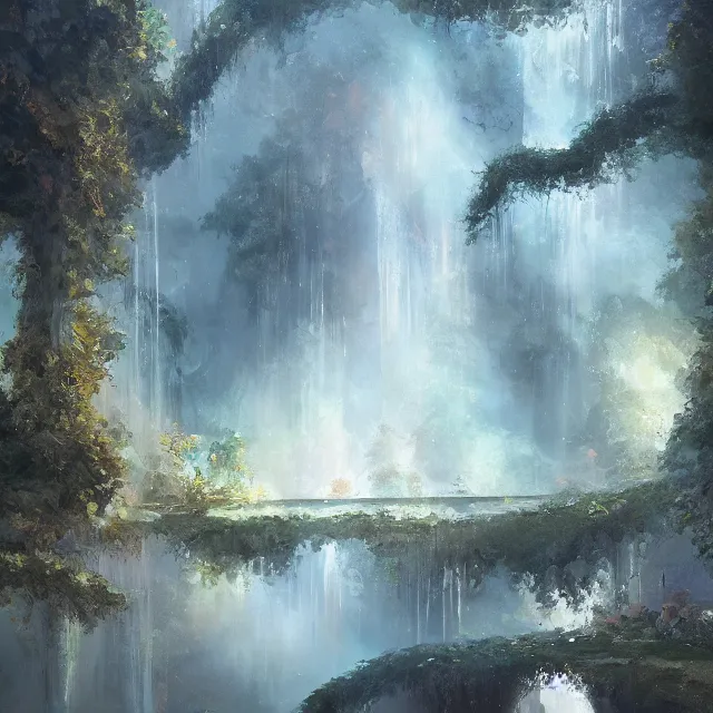 Prompt: the delicate opal palace overlooks the gentle stream. oil painting by the award - winning concept artist