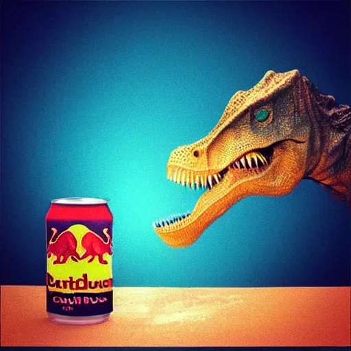 Prompt: “dinosaur crushing a can of redbull with its jaw”