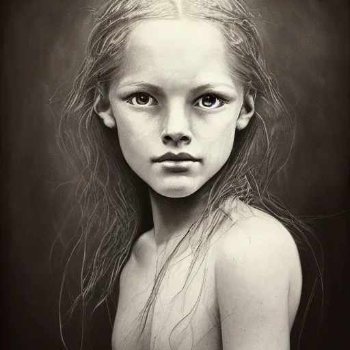 Image similar to hyperrealist portrait photo of a young gynoid by sally mann and alan lee, fantasy, photo realistic, dynamic lighting, artstation, poster, volumetric lighting, very detailed faces, award winning, full face, symmetry