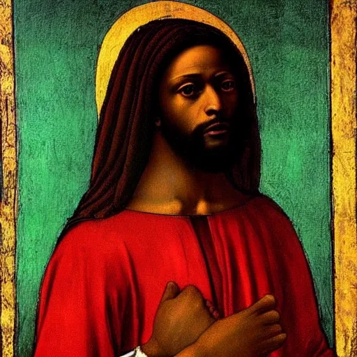 Image similar to painting of a black man as jesus by leonardo davinci