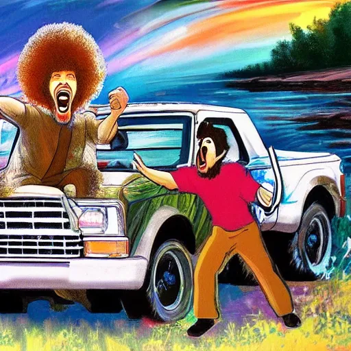 Image similar to bob ross screaming in back of pick up truck on bad acid trip