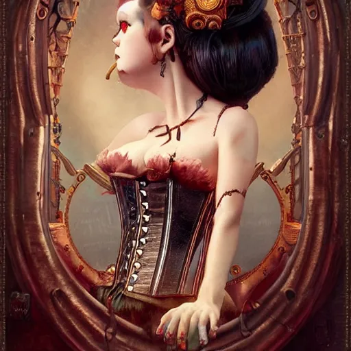 Prompt: photorealistic soft paint of a curiosities carnival, single young beautiful dollpunk in a full steampunk corset, symmetry accurate features, ominous, focus, rainbow lighting, very intricate details, award winning masterpiece, behance, by tom bagshaw