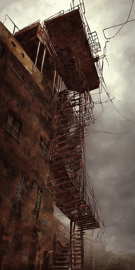 Image similar to a rusty old and wire upside - down edgy giant staircase to heaven, building construction, storm, misty background, in the game pathologic 2, highly detailed, sharp focus, matte painting, by rhads, artgerm, isaac levitan and asher brown durand,