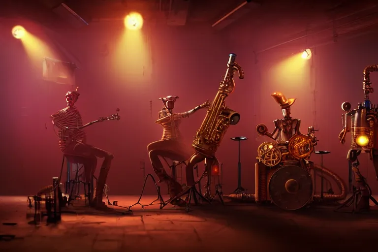 Image similar to 3 steampunk robot jazz musicians playing at a night club, focus on the musicians, cinematic lighting, exaggerated detailed, unreal engine, octane render, trending on artstation, art by greg rutkowski, 4 k