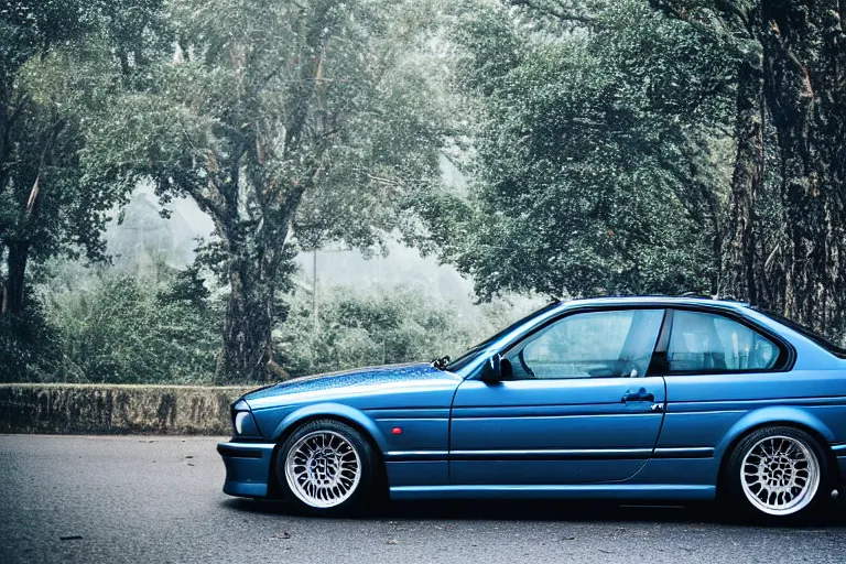 Image similar to A modified blue BMW e36 parked in a road with trees, rainy season, Epic photography, taken with a Leica camera, 500 mm focal length, f/1.5 aperture, depth of field