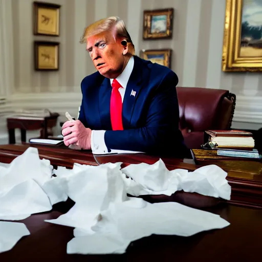 Image similar to candid portrait photo of president trump at his desk shoving crumpled papers into his mouth, chewing paper, eating paper, detailed portrait, 4 k, megapixel, sony a 7 s, f / 8, 2 4 mm lens