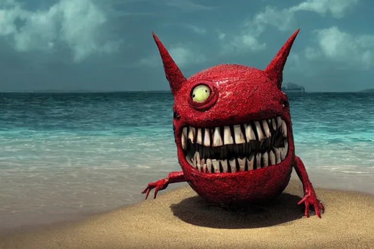 Prompt: 2 0 2 0 sighting of a mutated plastic monster with the face of capitalism rising out of the water on the beach, monster ashore, highly detailed, cinematic,