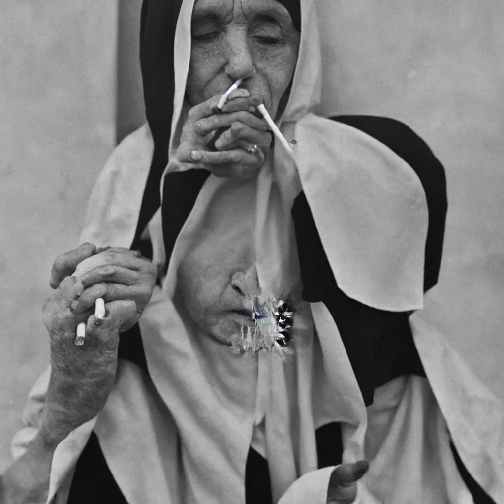 Prompt: a nun smoking a cigarette