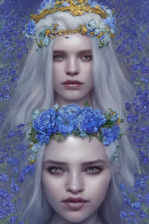 Image similar to a pale girl with white hair wears floral crown, sad blue eyes, cinematic lighting, ultra detailed, highly detailed, sharp focus, golden background with flowers, golden jewellery with blue sapphires, photographic, art by artgerm and greg rutkowski and zdislav beksinski