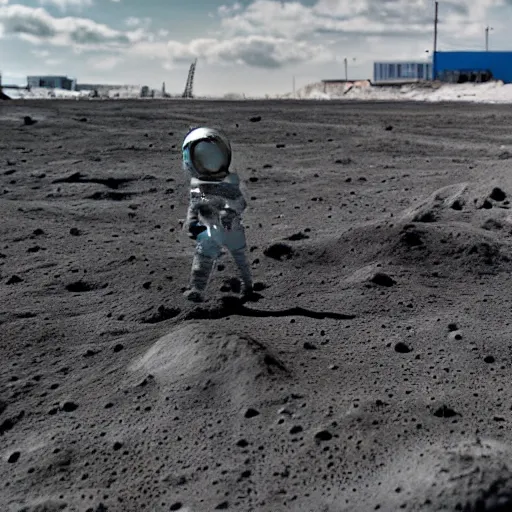 Image similar to moonwalker photo, lunar soil, future, city buildings, a detailed photo of a future norilsk base, moon landscape, street photo