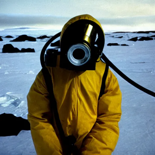 Image similar to a man wearing a hazmat suit and gasmask, in antarctica, film still, arriflex 3 5