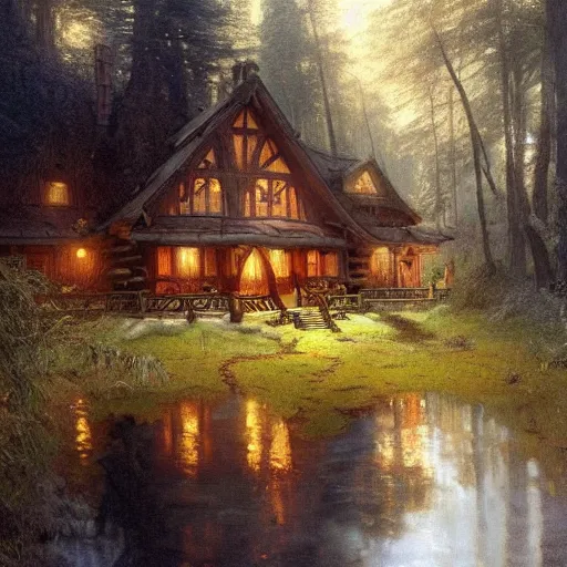 Image similar to a beautifull intricate painting of a log cabin in a dark fantasy forest, reflections, very high details by william turner art, greg rutkowski and alphonse mucha, trending on artstation, very very detailed, masterpiece,