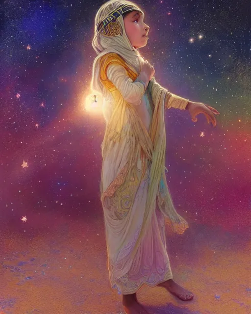 Image similar to bedouin child praying in galaxy walking towards mosque surrounded by nebula, highly detailed, gold filigree, romantic storybook fantasy, soft cinematic lighting, award, disney concept art watercolor illustration by mandy jurgens and alphonse mucha and alena aenami, pastel color palette, featured on artstation