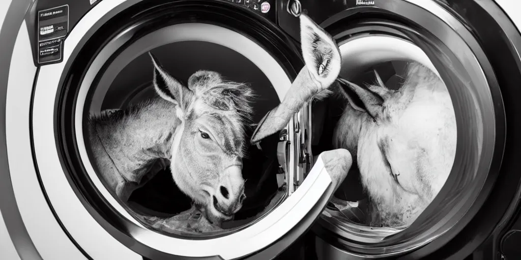 Image similar to a hyper stylised photograph of a man turning into a donkey, he has teeth growing from his eyes and he is spinnig inside a tumble dryer. his body has melted and has dribbled out onto the floor.